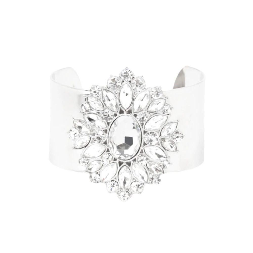 Marquis Rhinestone Crystal Embellished Cuff Bracelet Silver Tone Art Deco OSFM